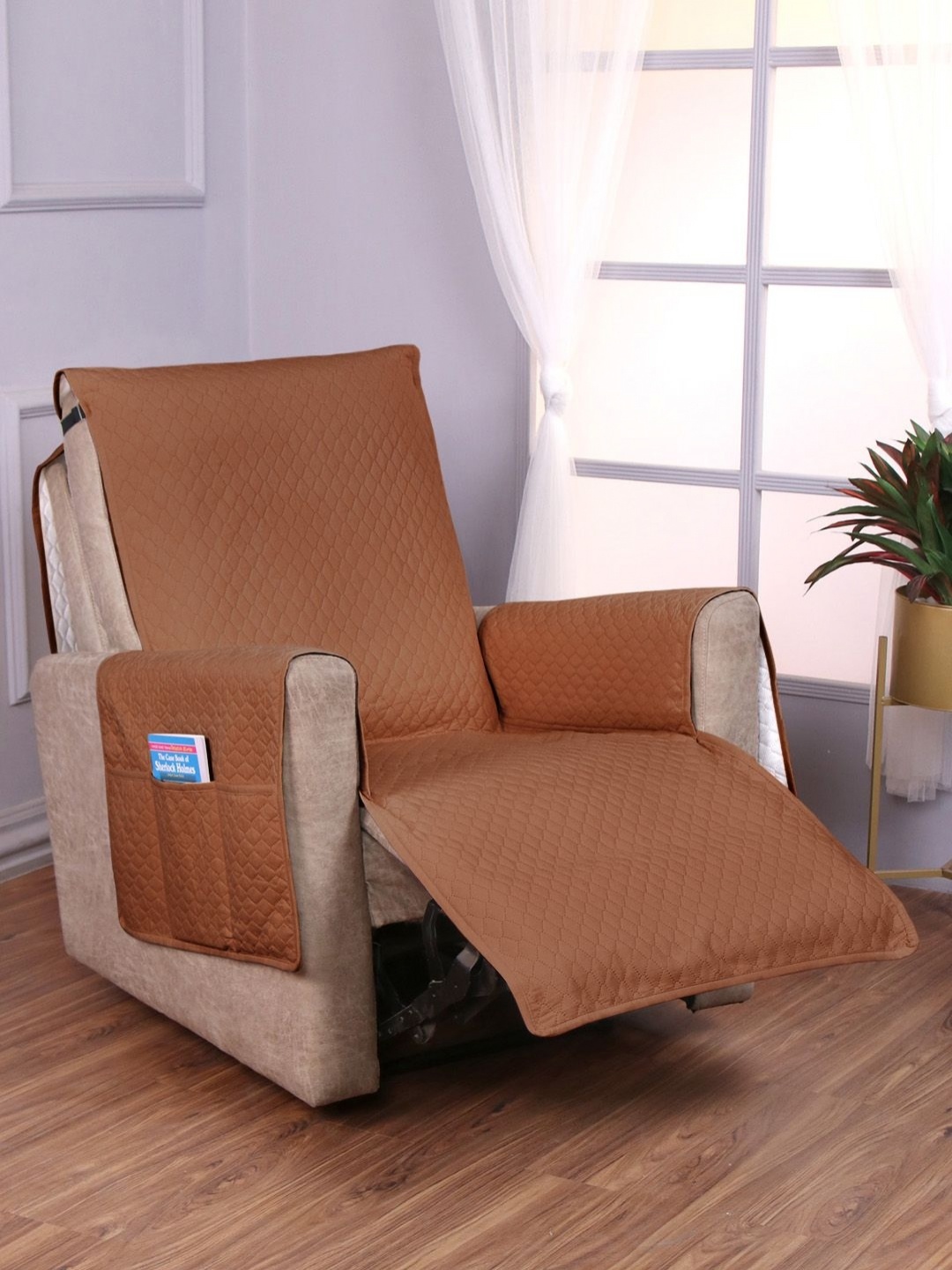 

HOKIPO Brown Recliner Sofa Cover With Armrest Pockets