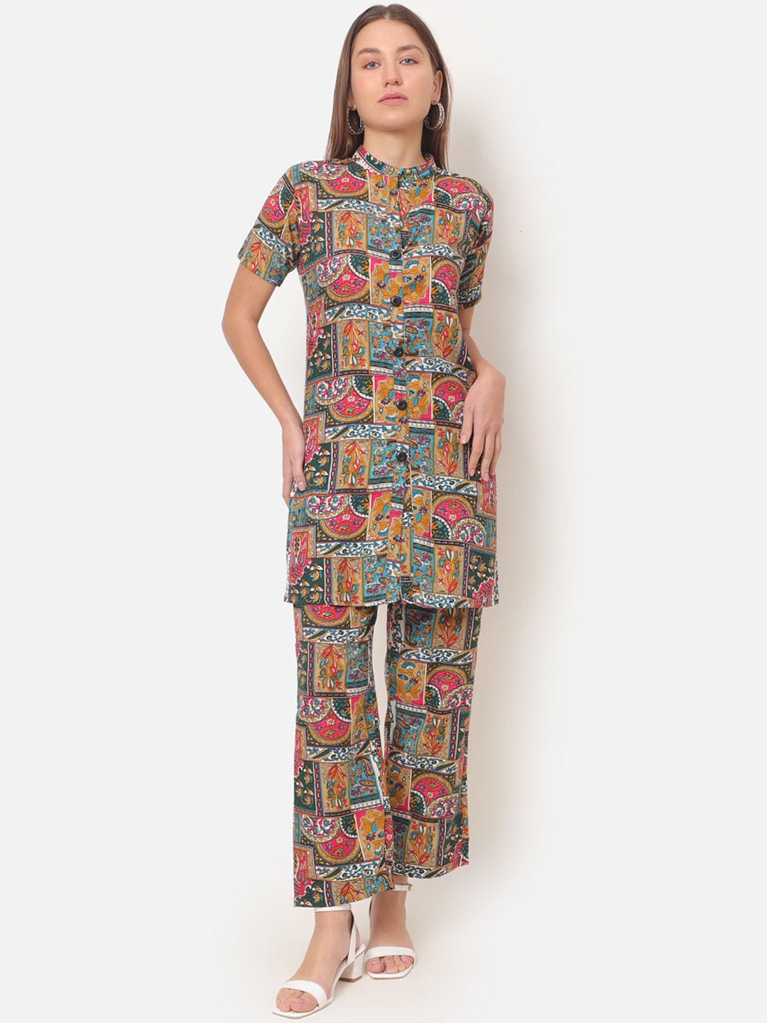 

ROSEMELON Ethnic Motifs Printed Mandarin Collar Tunic With Trouser, Mustard