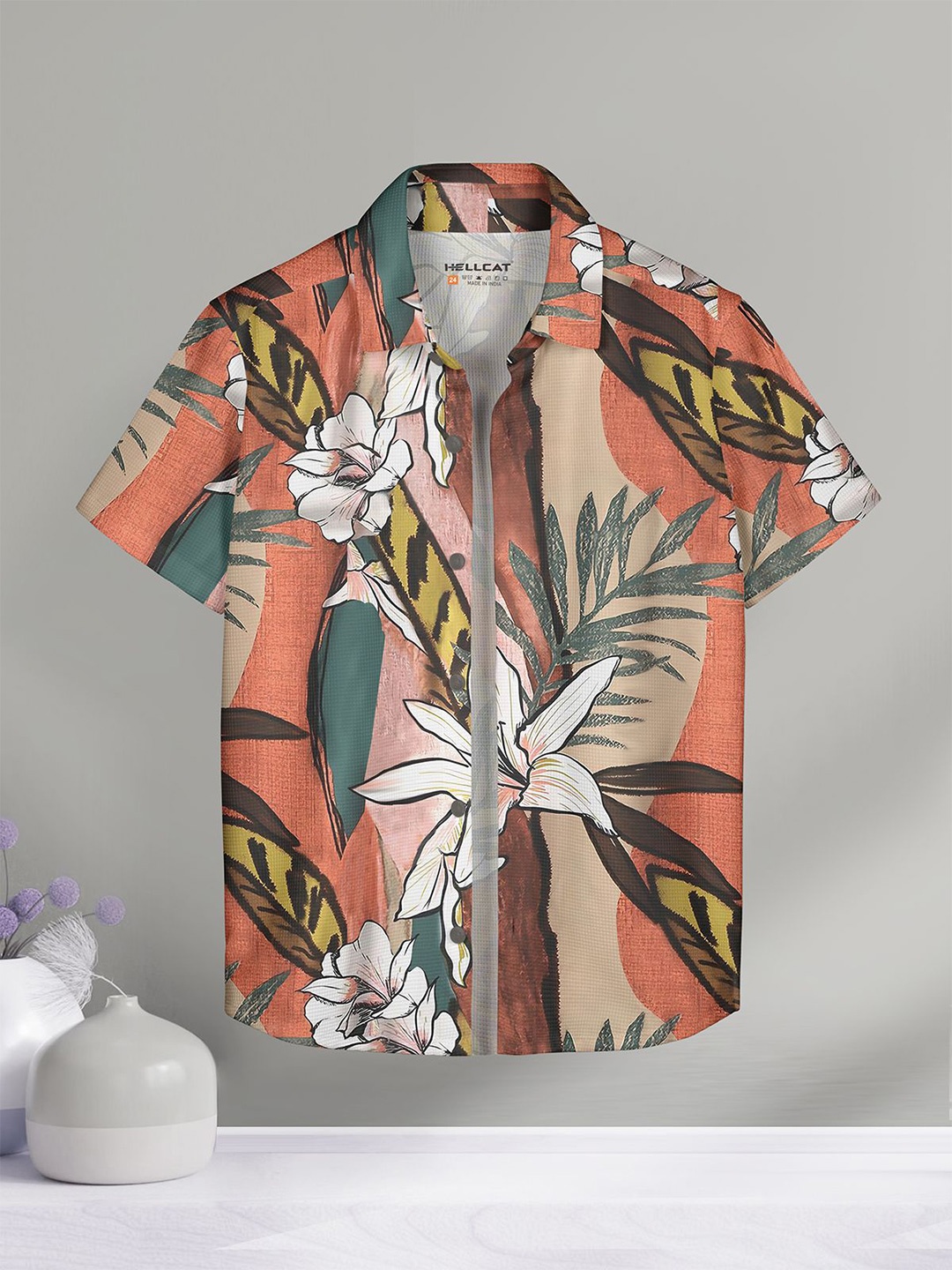 

HELLCAT Boys Spread Collar Floral Printed Cotton Casual Shirt, Orange