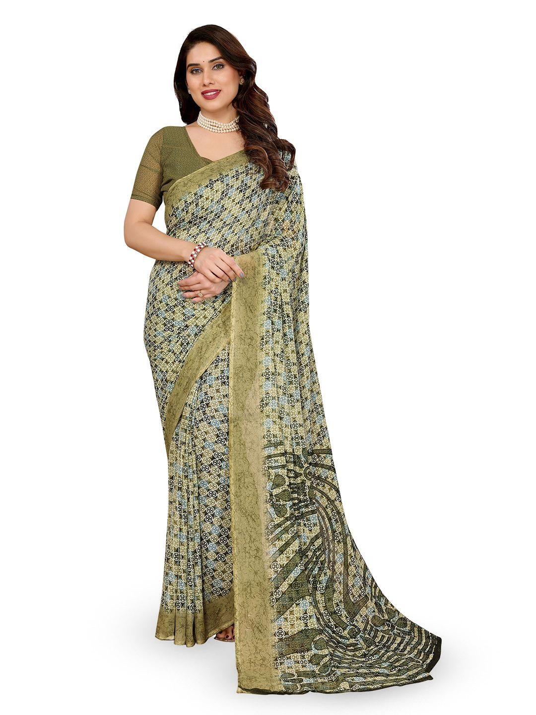 

Moda Rapido Ethnic Motifs Poly Georgette Saree, Green