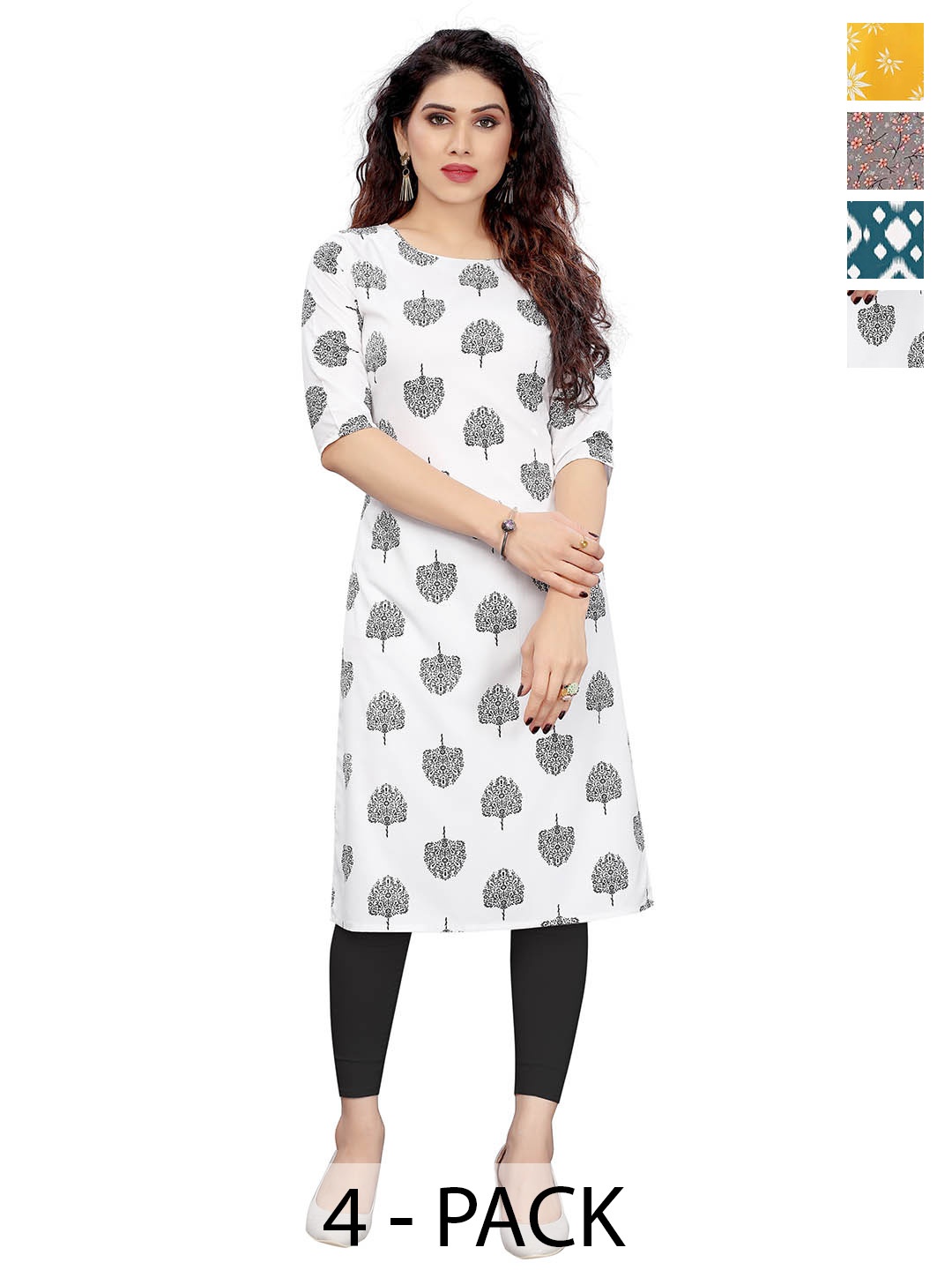 

KETAKI FASHION Selection Of 4 Floral Printed Round Neck Straight Kurtas, White