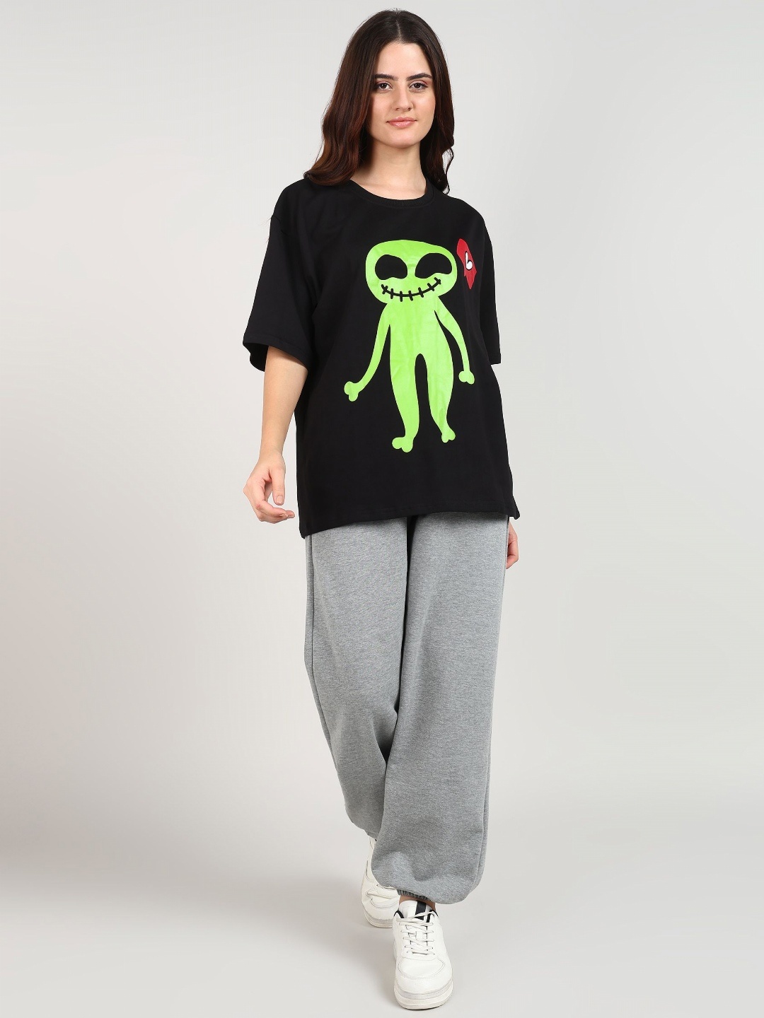 

NEXSTEP Women Graphic Printed Round Neck Cotton Oversized T-shirt, Black