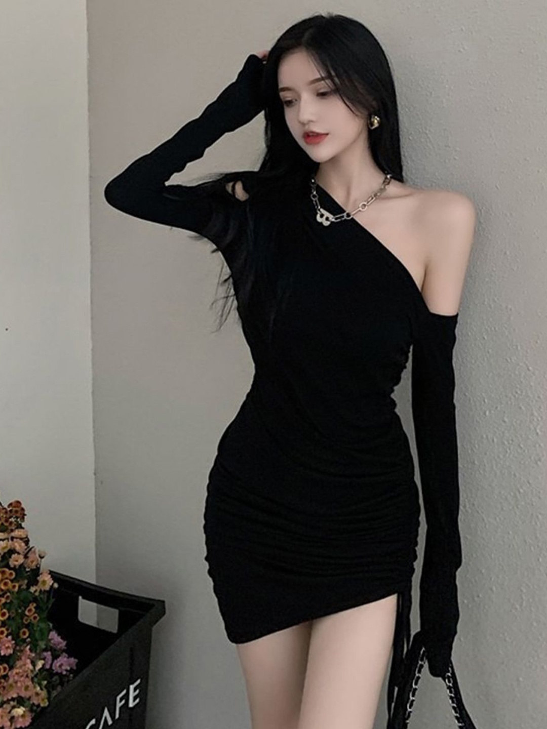 

bebe Women One Shoulder Bodycon Mini Dress, Black