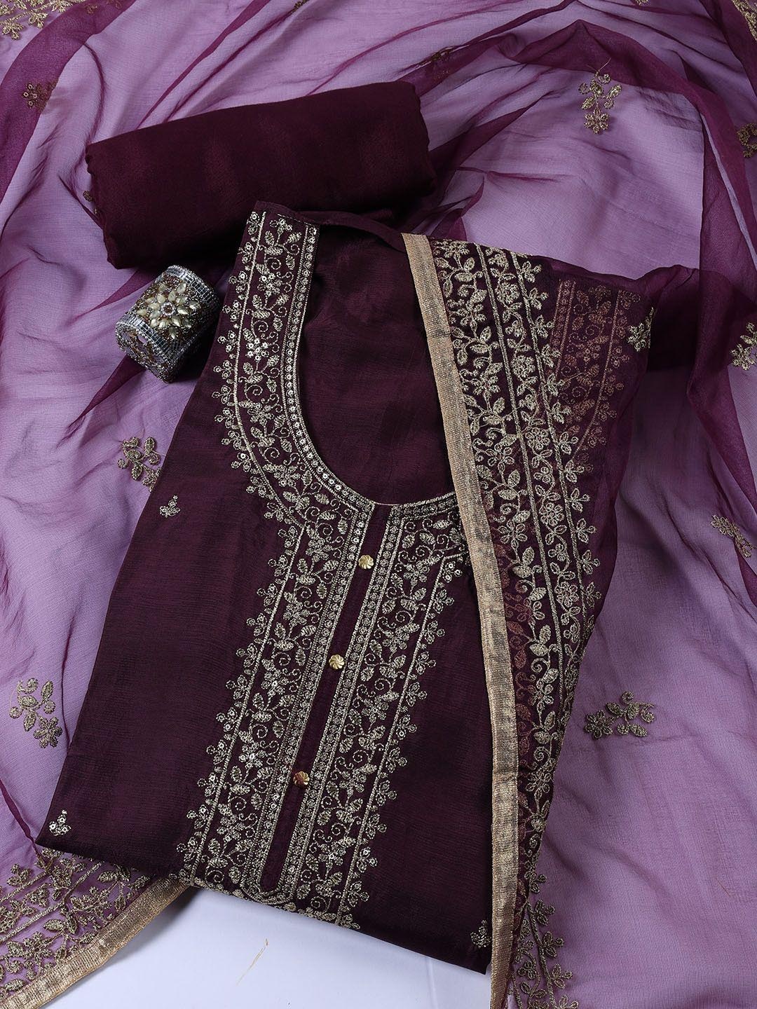 

Meena Bazaar Ethnic Motifs Embroidered Zari Unstitched Dress Material, Purple