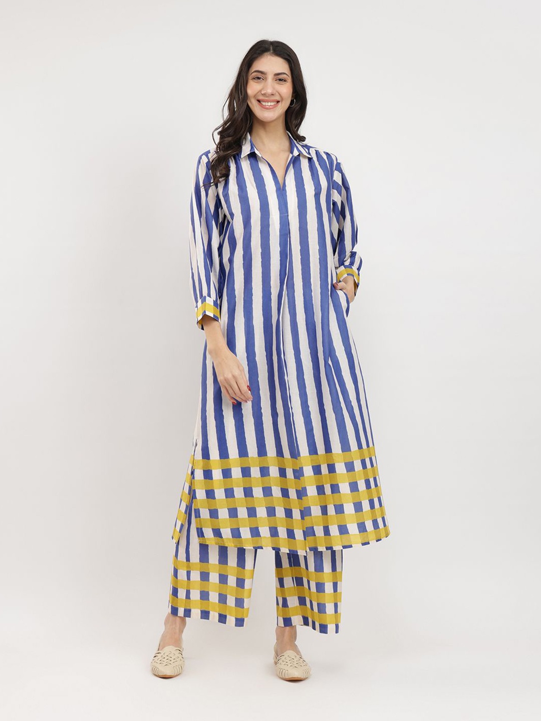 

Pink Fort Women Striped Pleated Pure Cotton Kurta with Trouser, Blue
