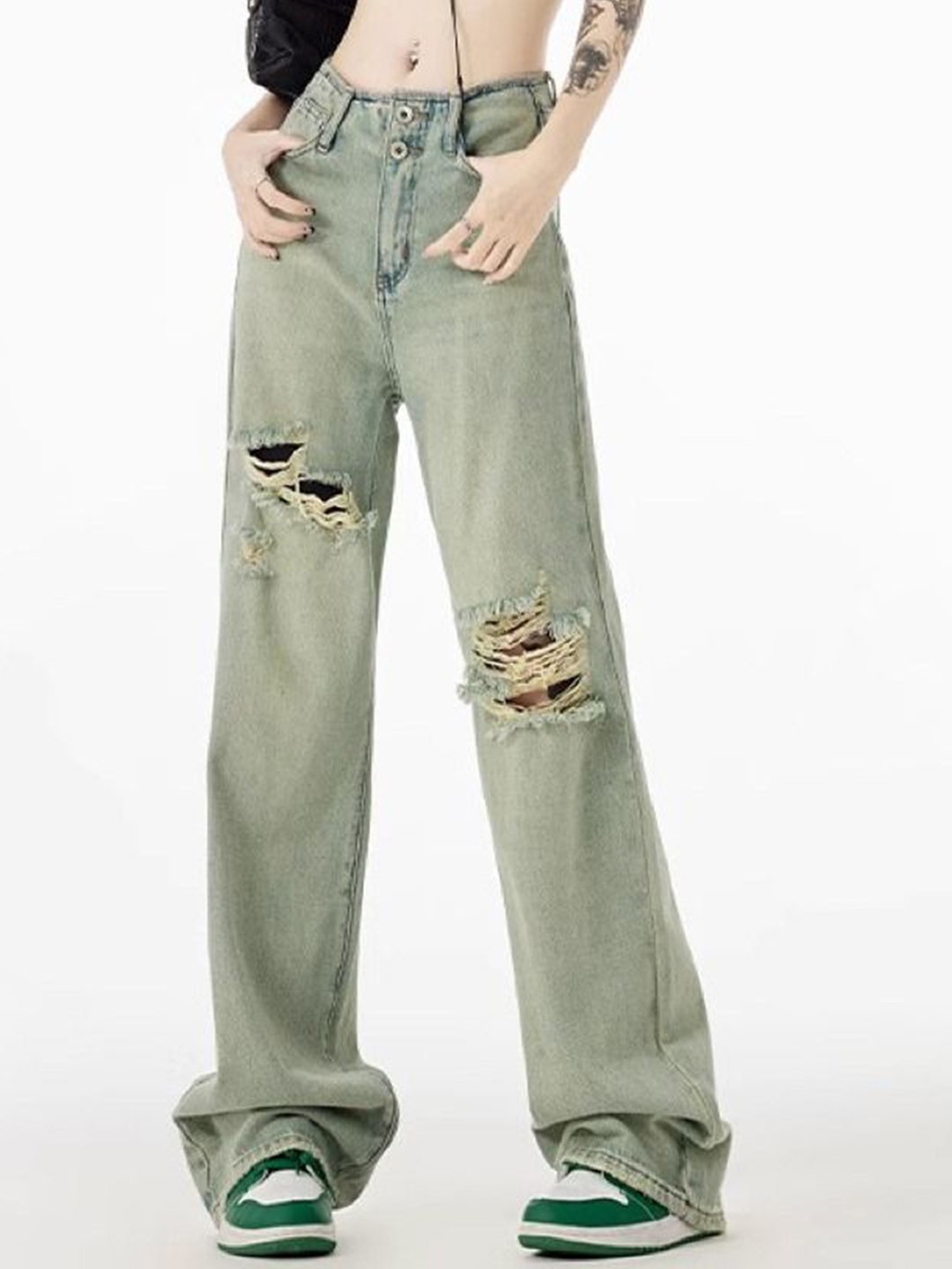

DressBerry Women Cotton Mildly Distressed Wide Leg Jeans, Green