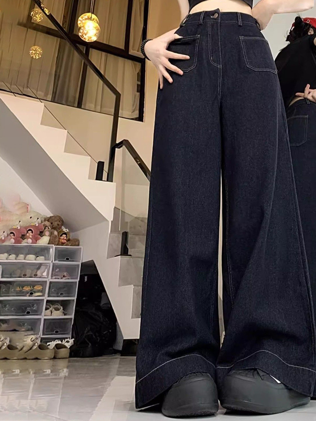 

DressBerry Women Wide Leg High-Rise Cotton Jeans, Black