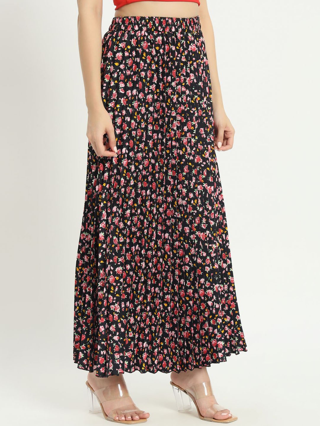 

ZWERLON Women Floral Printed Flared Maxi Skirt, Black