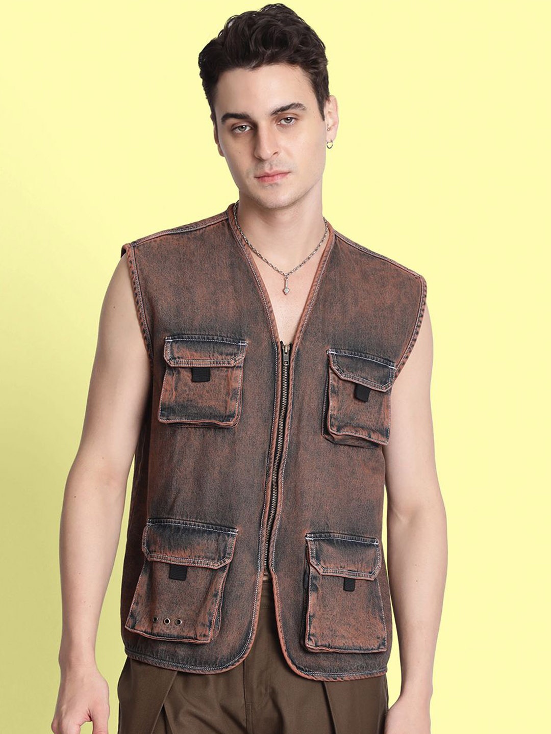 

Bene Kleed Men Washed Cotton Denim Jacket, Orange