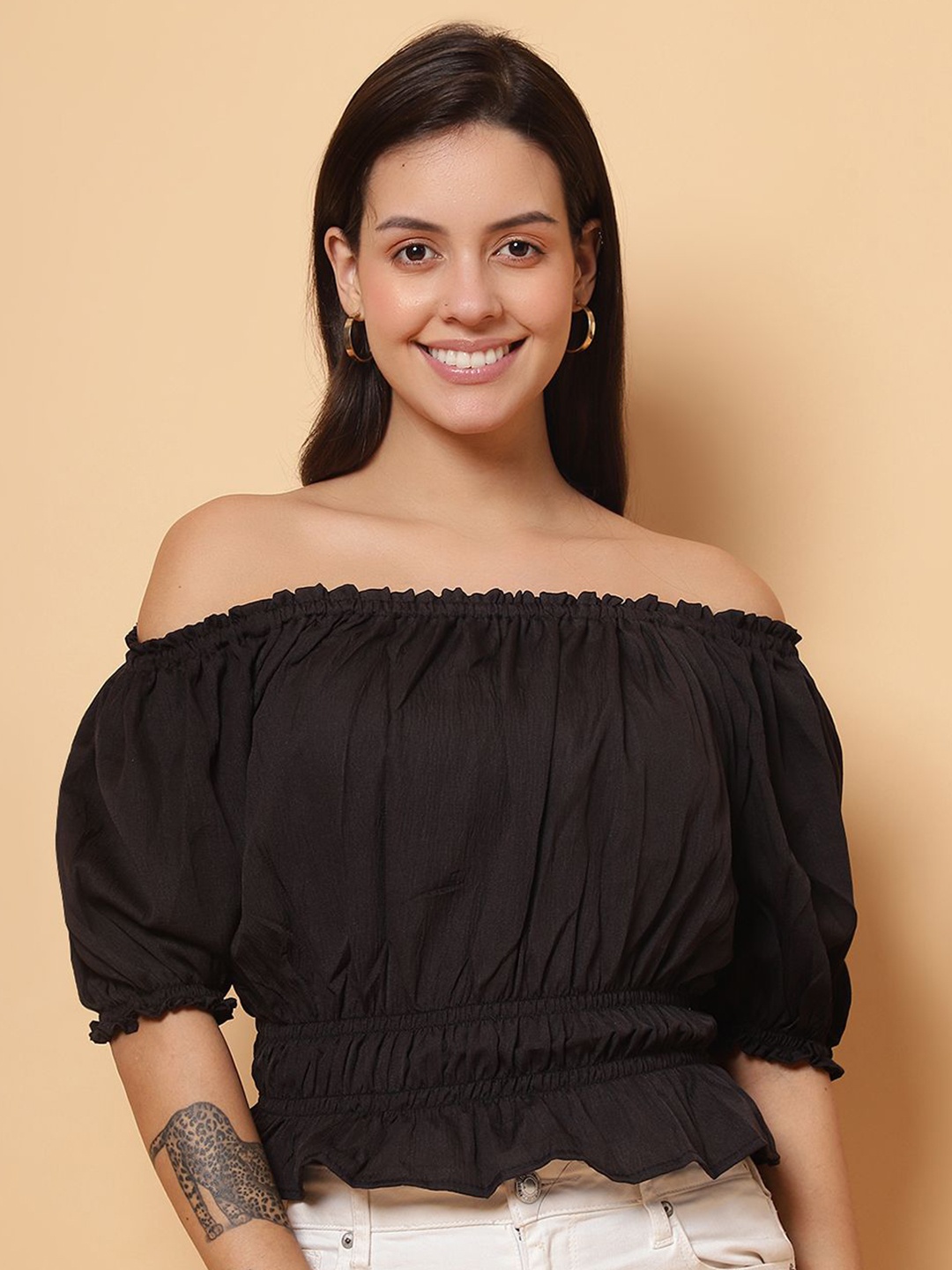 

ROSEMELON Women Textured Off-Shoulder Bardot Top, Black
