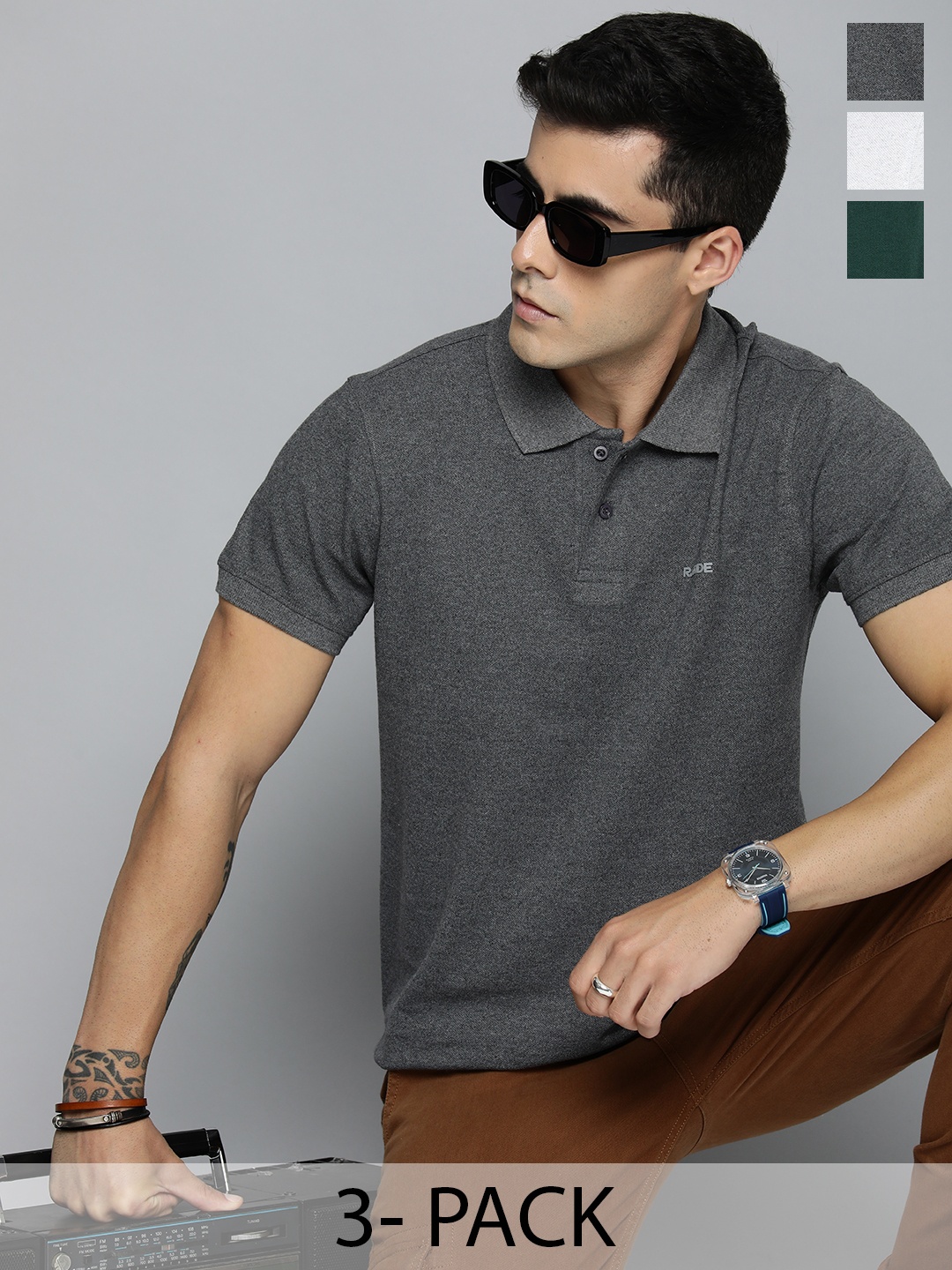 

R.Code by The Roadster Lifestyle Co. Men Regular Fit Pack Of 3 Solid Polo Cotton T-shirts, Grey