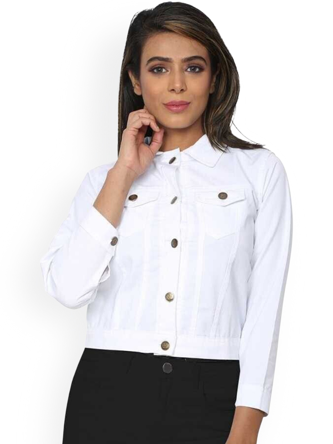 

KASHIAN Women Spread Collar Solid Casual Denim Jacket, White