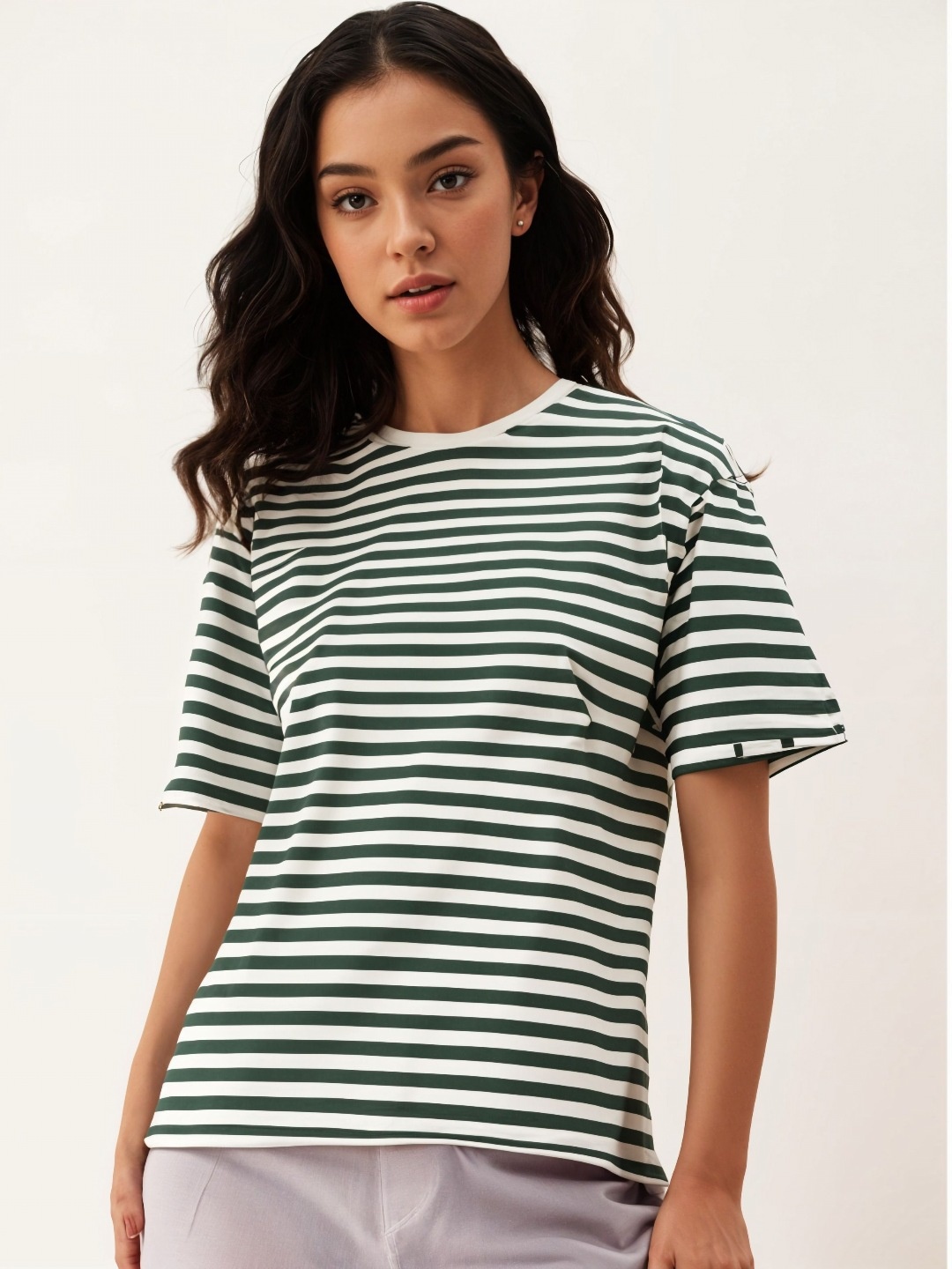 

MACK JONNEY Women Striped Round Neck Cotton T-shirt, Green