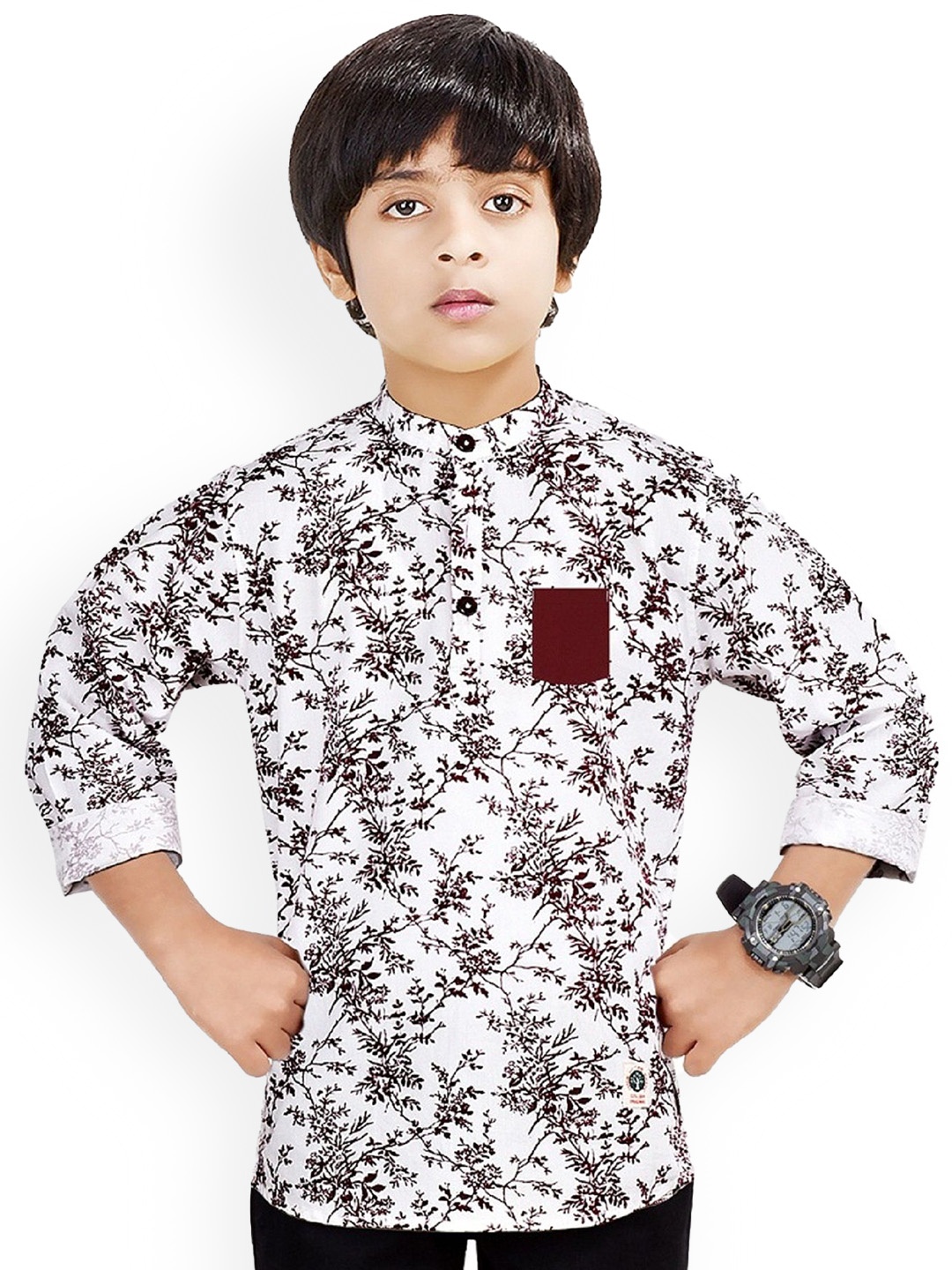 

MADE IN THE SHADE Boys Floral Printed Band Collar Cotton Straight Kurta, White