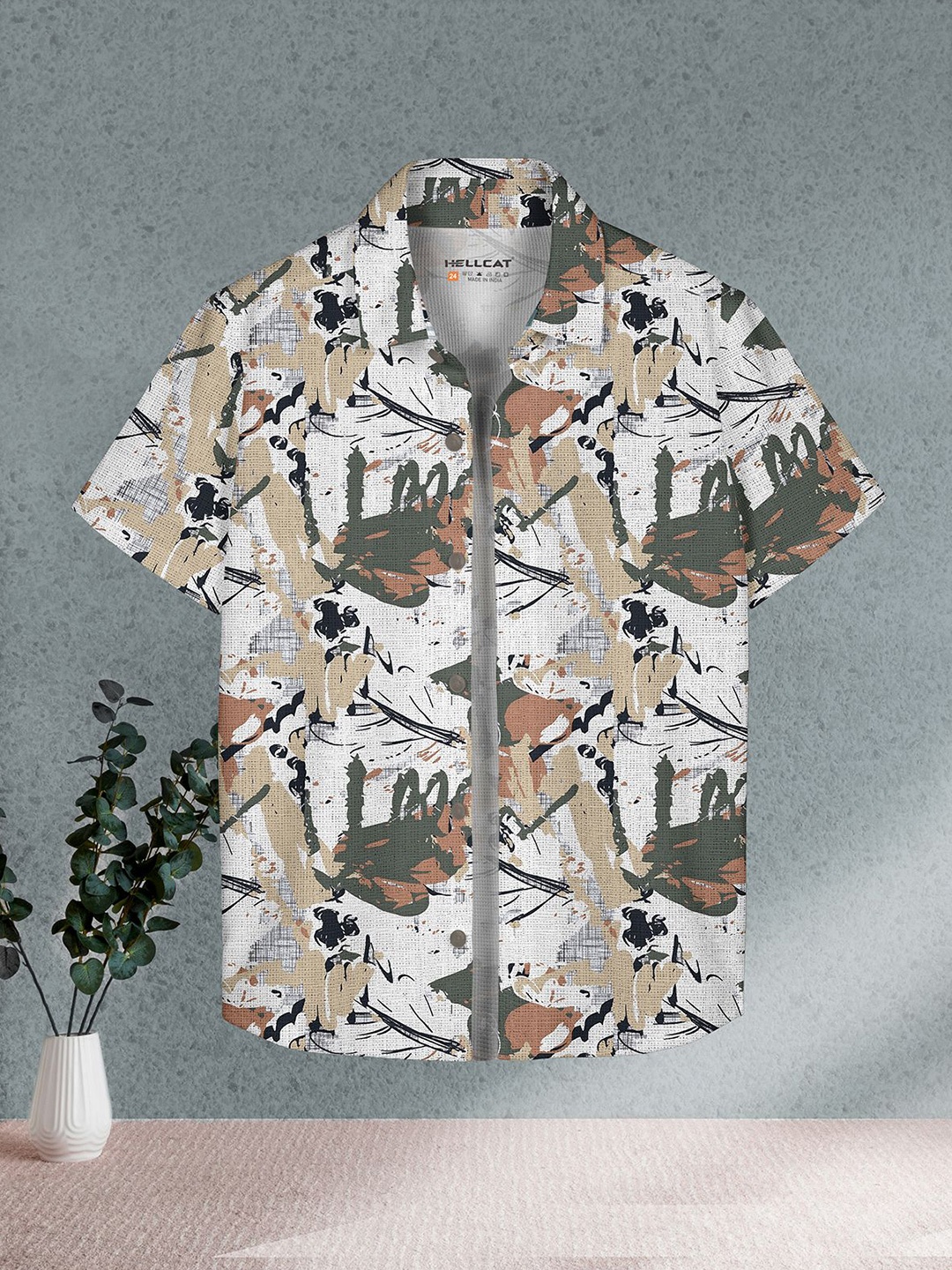 

HELLCAT Boys Spread Collar Abstract Printed Cotton Casual Shirt, Beige