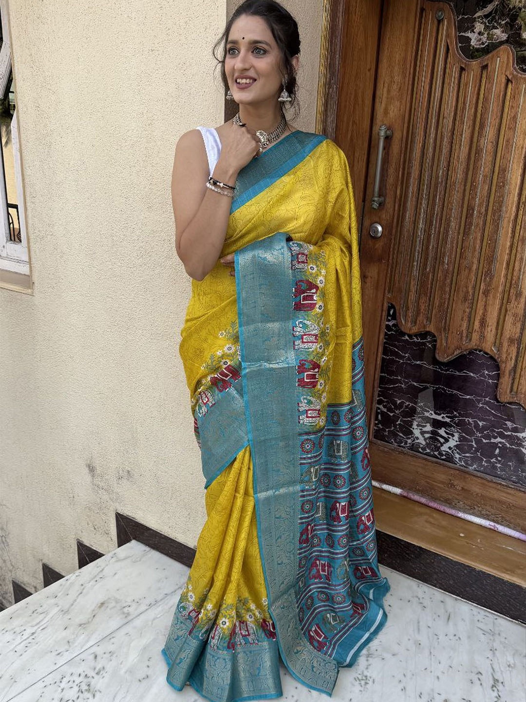 

KALINI Ethnic Motifs Zari Art Silk Banarasi Saree, Yellow