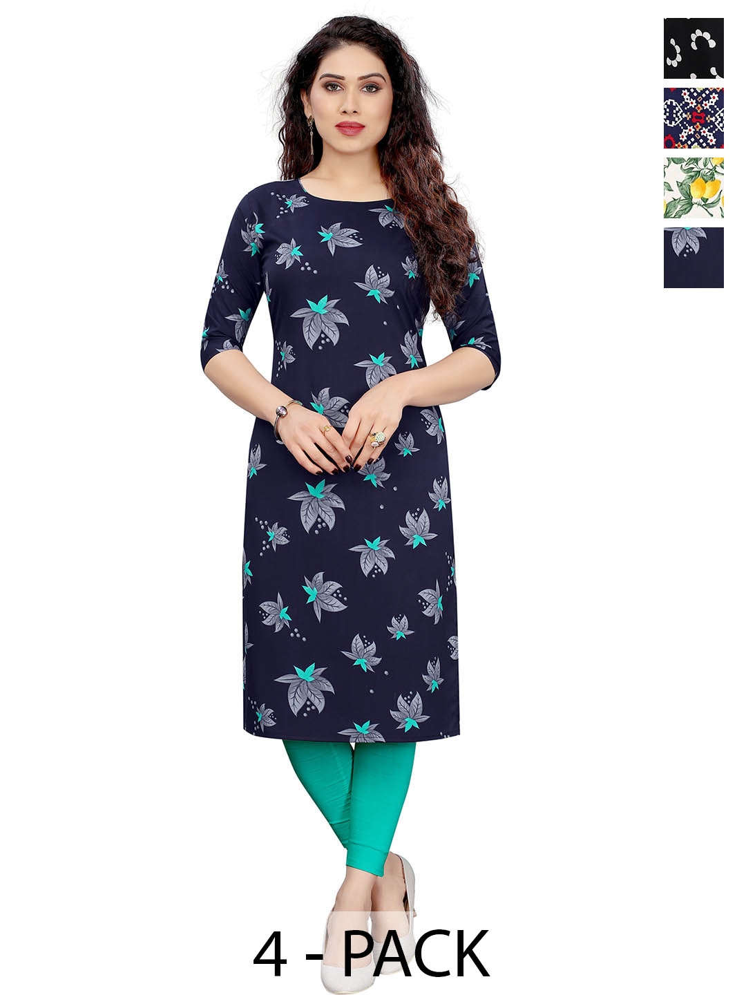 

KETAKI FASHION Selection Of 4 Floral Printed Round Neck Straight Kurtas, Blue