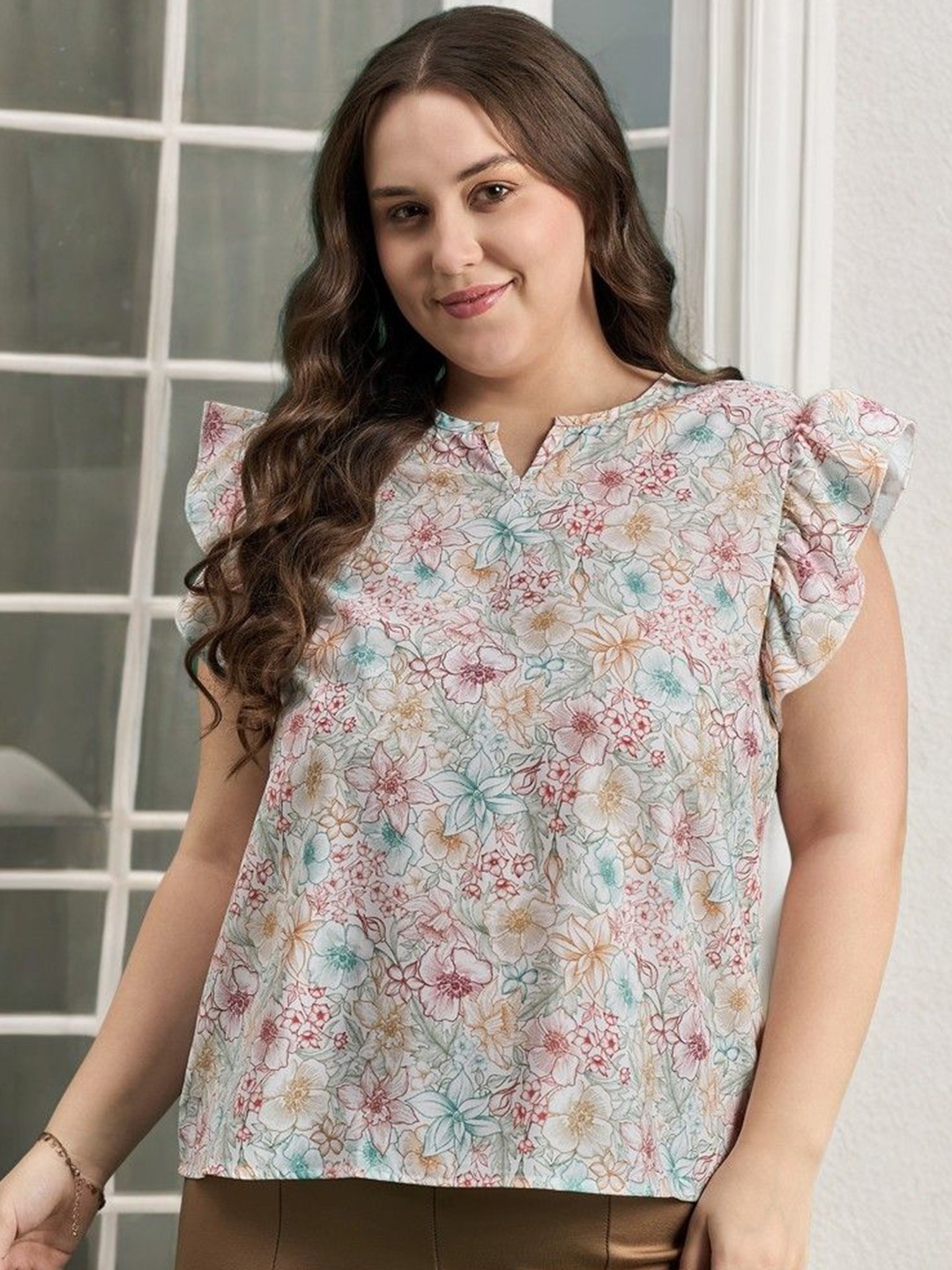 

ANJIR Floral Print Flared Sleeve Crepe Top, White