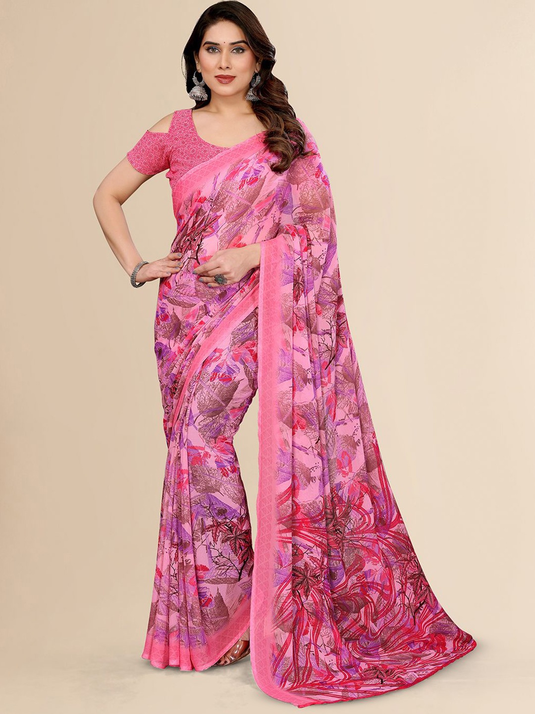 

Moda Rapido Floral Poly Georgette Saree, Pink