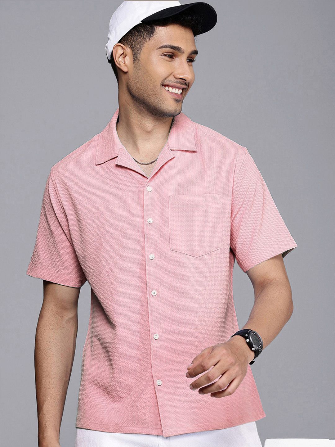 

Moda Rapido Men Standard Fit Cuban Collar Textured Casual Shirt, Pink