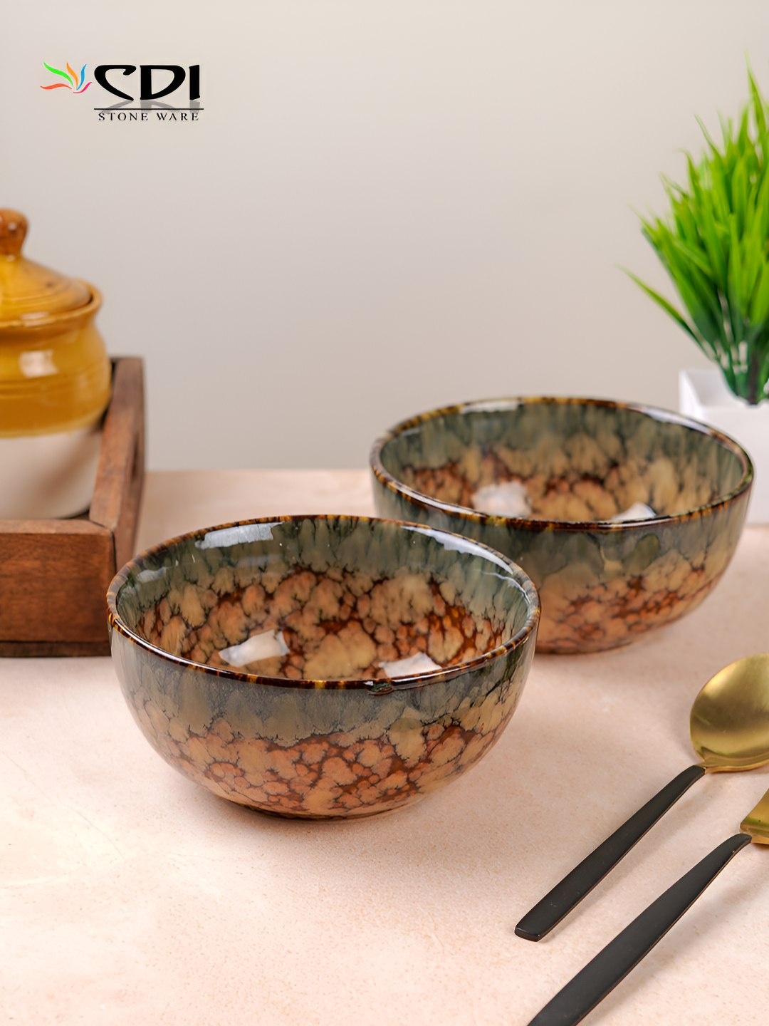 

CDI Brown & Green 2 Pieces Textured Ceramic Bowls 500ml Each