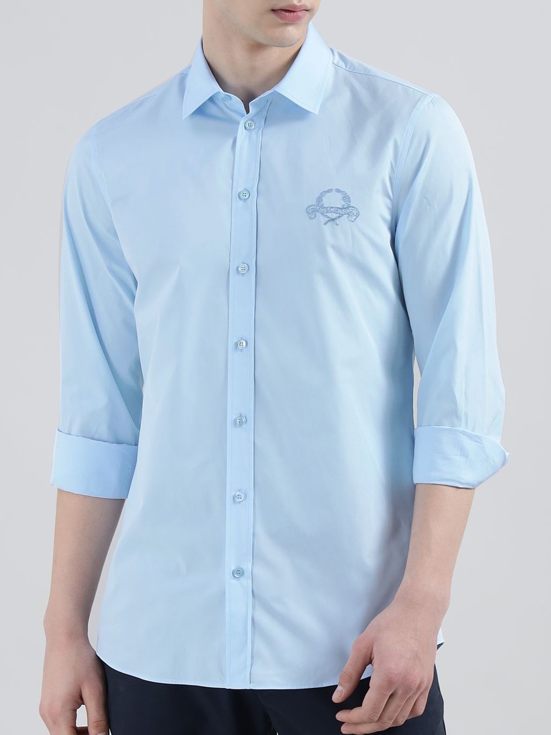 

MOSCHINO COUTURE Men Spread Collar Solid Cotton Formal Shirt, Blue