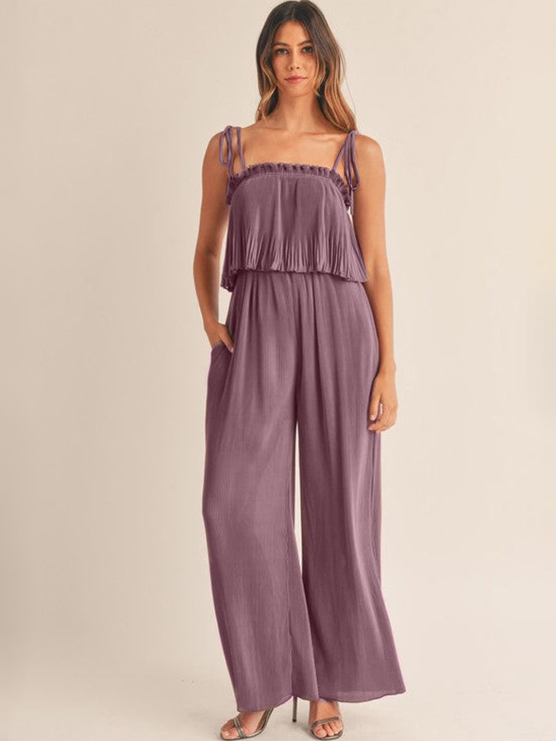 

Errabelly Women Rose Tan Solid Self Tied Straps Pleated Wide Leg Jumpsuit