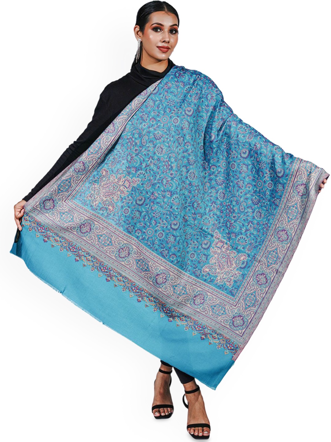 

PASHMAL INDIA PRIVATE LIMITED Floral Woven Design Woollen Shawl, Blue