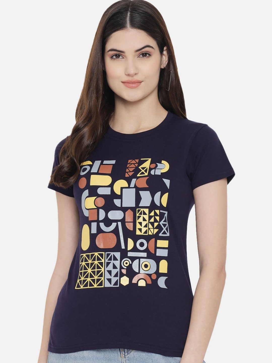

CORSICA Women Regular Fit Geometric Printed Round Neck Cotton T-shirt, Navy blue