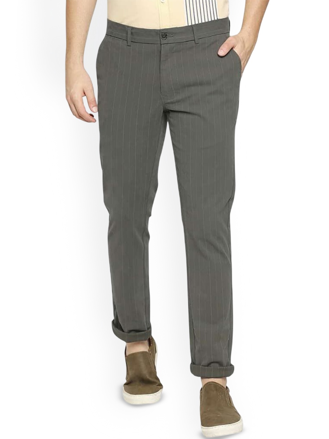 

Basics Men Striped Comfort Trousers, Olive