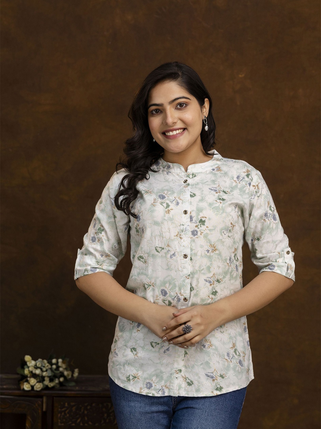 

Radhika Fashion Women Comfort Fit Mandarin Collar Floral Printed Casual Shirt, Grey