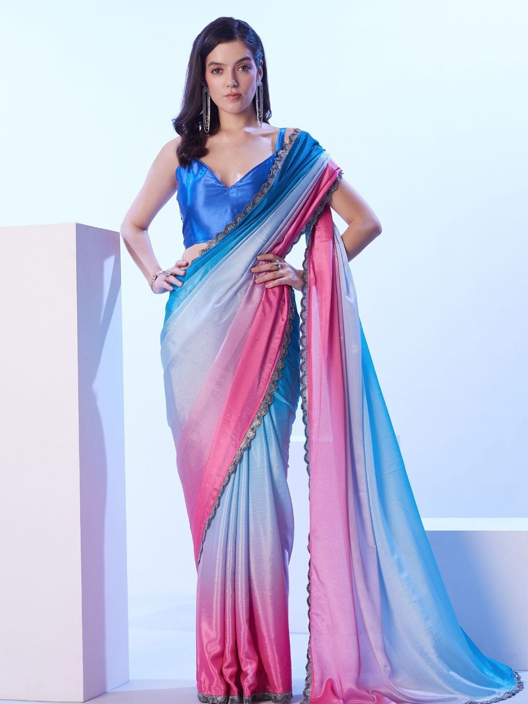 

Odette Blue And Pink Chinon Lace Work Saree With Unstitched Blouse For Women