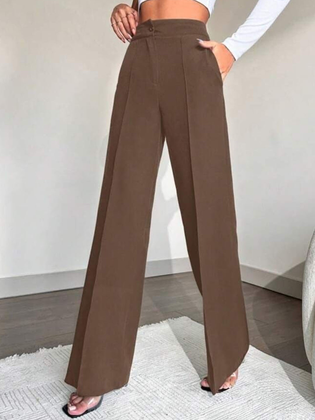 

Next One Women Smart Straight Fit High-Rise Easy Wash Pleated Trousers, Brown