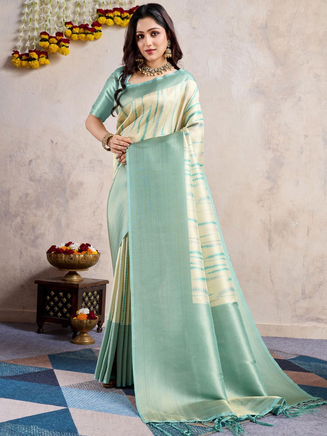 

Meena Bazaar Mukaish Art Silk Saree, Beige