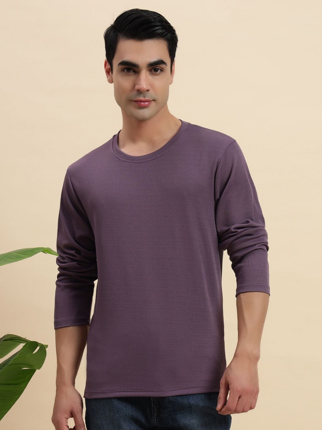 

DIZON Men Solid Round Neck T-shirt, Purple