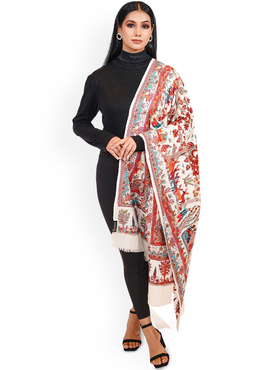 

PASHMAL INDIA PRIVATE LIMITED Floral Printed Woollen Shawl, White