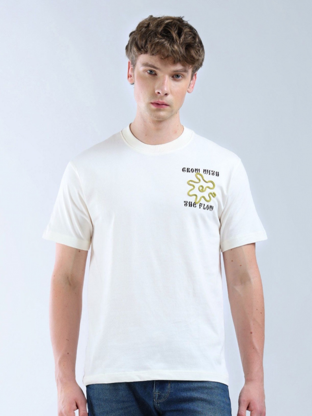 

Flying Machine Men Typography Printed Round Neck Cotton Relaxed Fit T-shirt, White