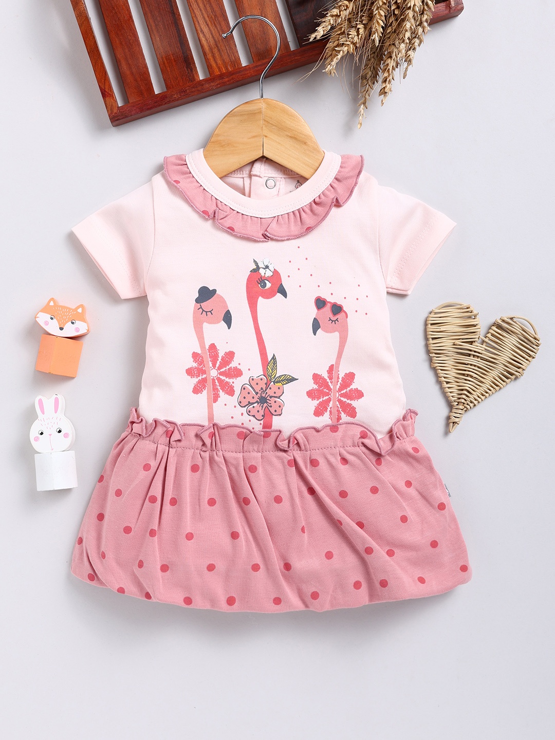 

YK X Tinyo Infant Girls Printed Ruffled Cotton Drop-Waist Dress, Peach