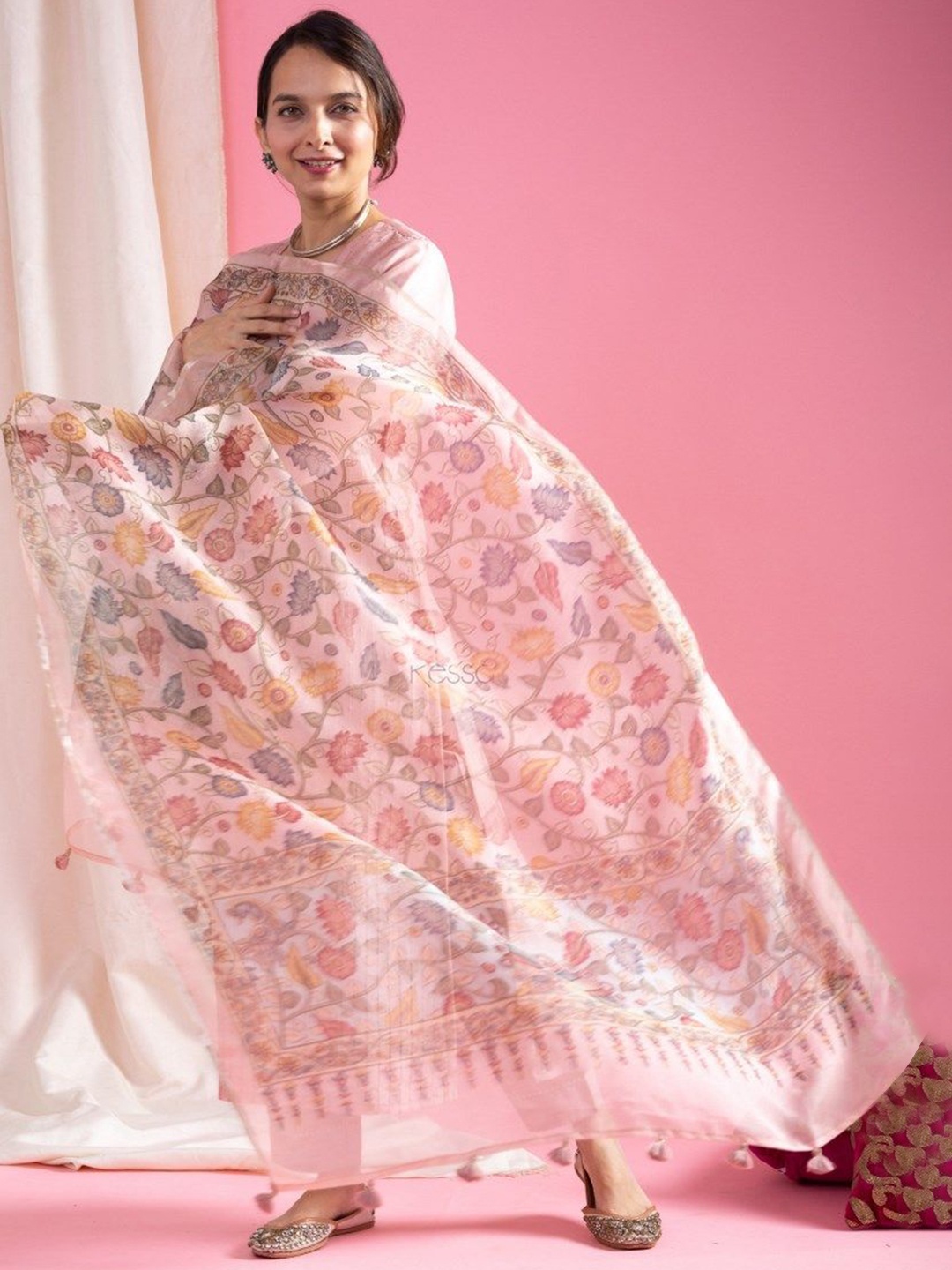 

KALINI Floral Embroidered V-Neck Straight Kurta With Trousers And Dupatta, Peach