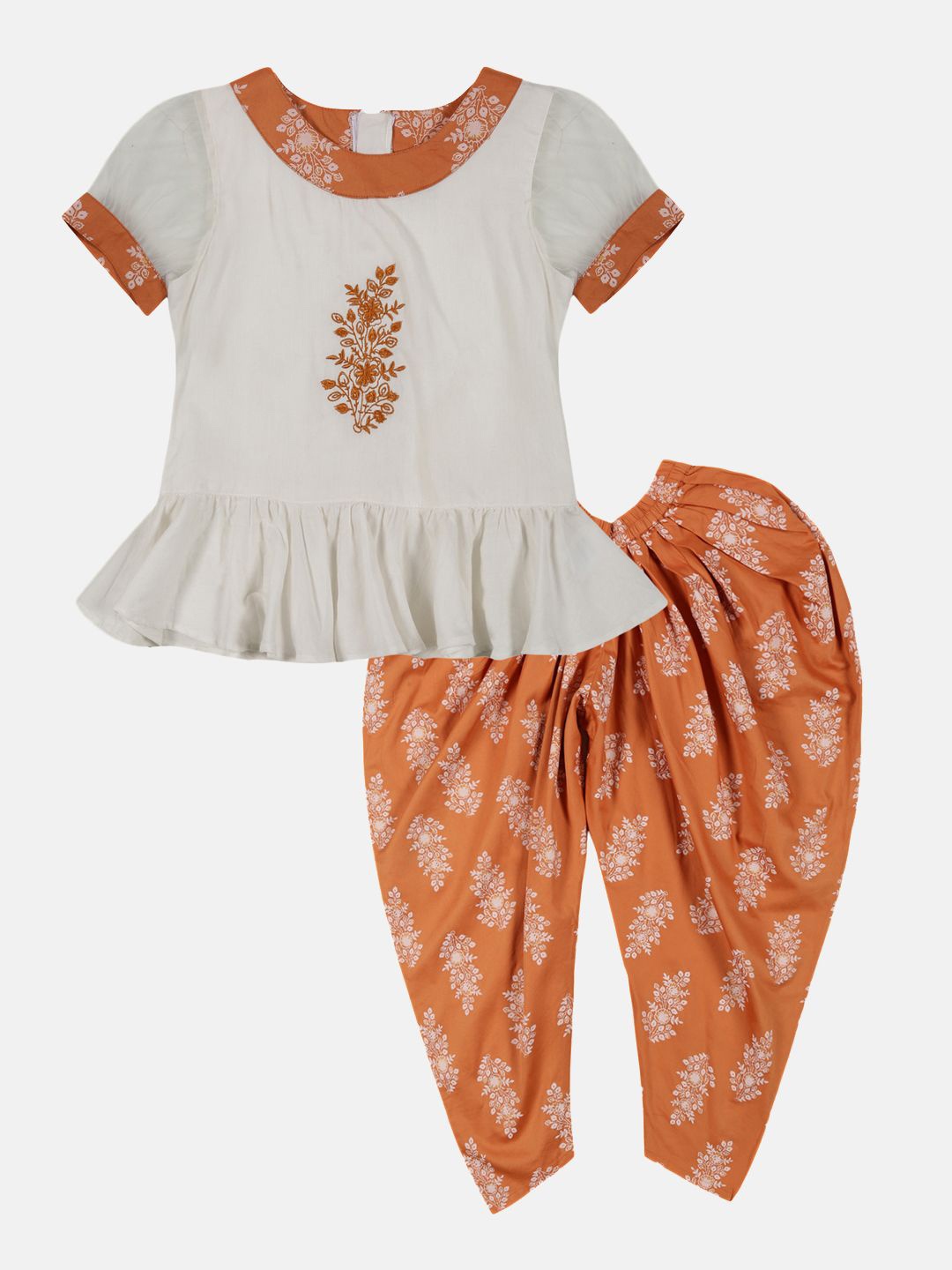 

YOUNG BIRDS Girls Embroidered Round Neck Pure Cotton Top With Dhoti Pant, White
