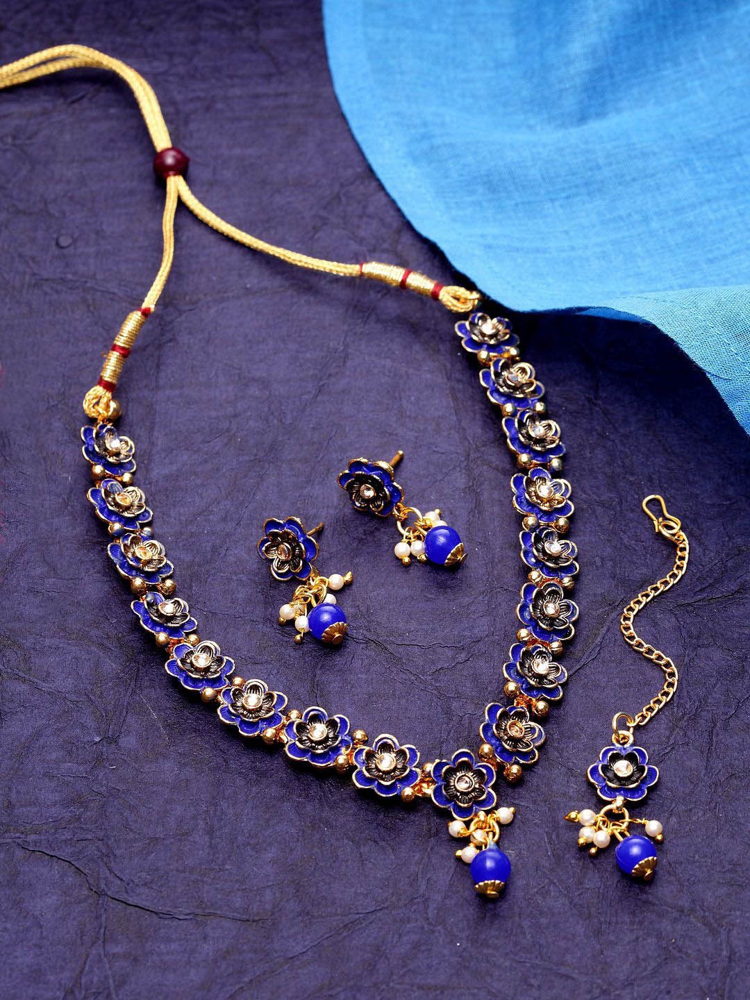 

Anouk Gold-Plated Stone Studded & Beaded Necklace With Earrings And Maang Tikka
