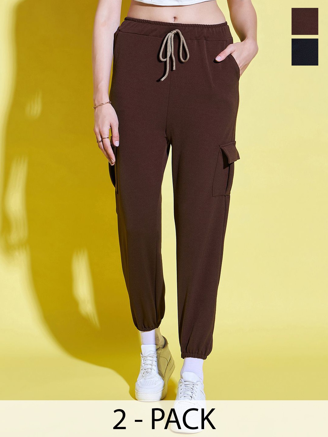 

BUY NEW TREND Pack Of 2 Women Relaxed Slim Fit Joggers Trousers, Brown