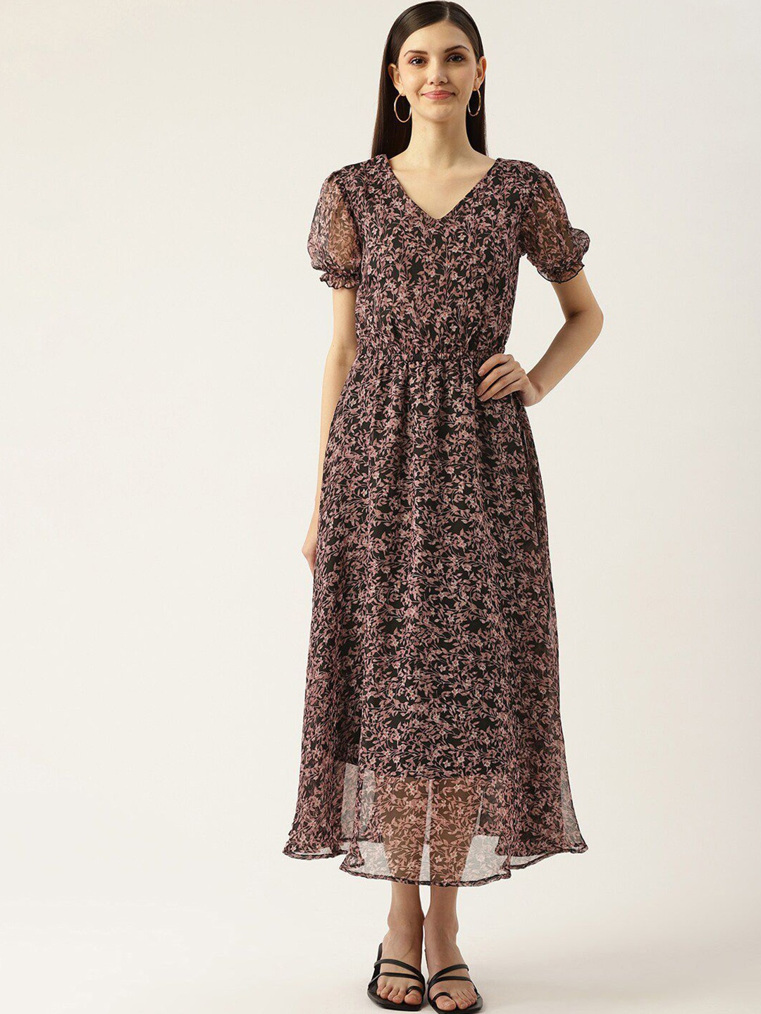 

DressBerry Women Floral Printed V-Neck Puff Sleeve A-Line Midi Dress, Black