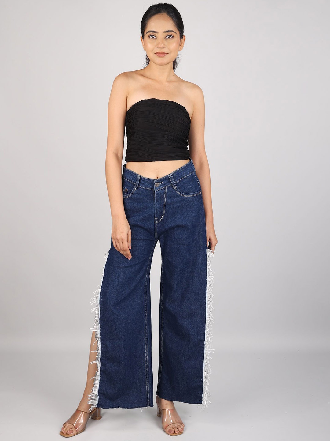 

Wear Your Words Women Aurora - High Rise Side Slit Tassel Jeans - Midnight Blue