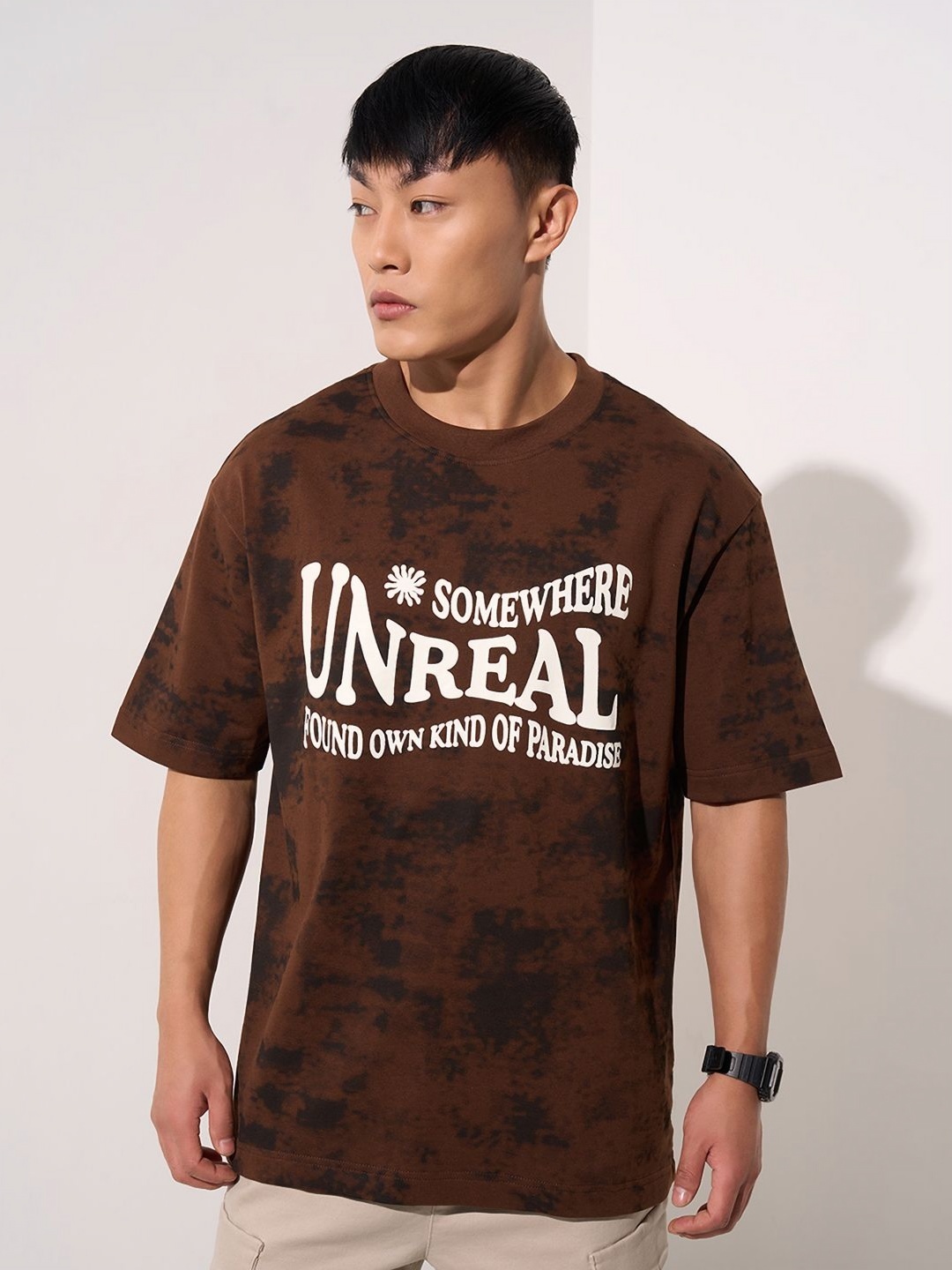 

People Men Typography Printed Round Neck Cotton Relaxed Fit T-shirt, Brown