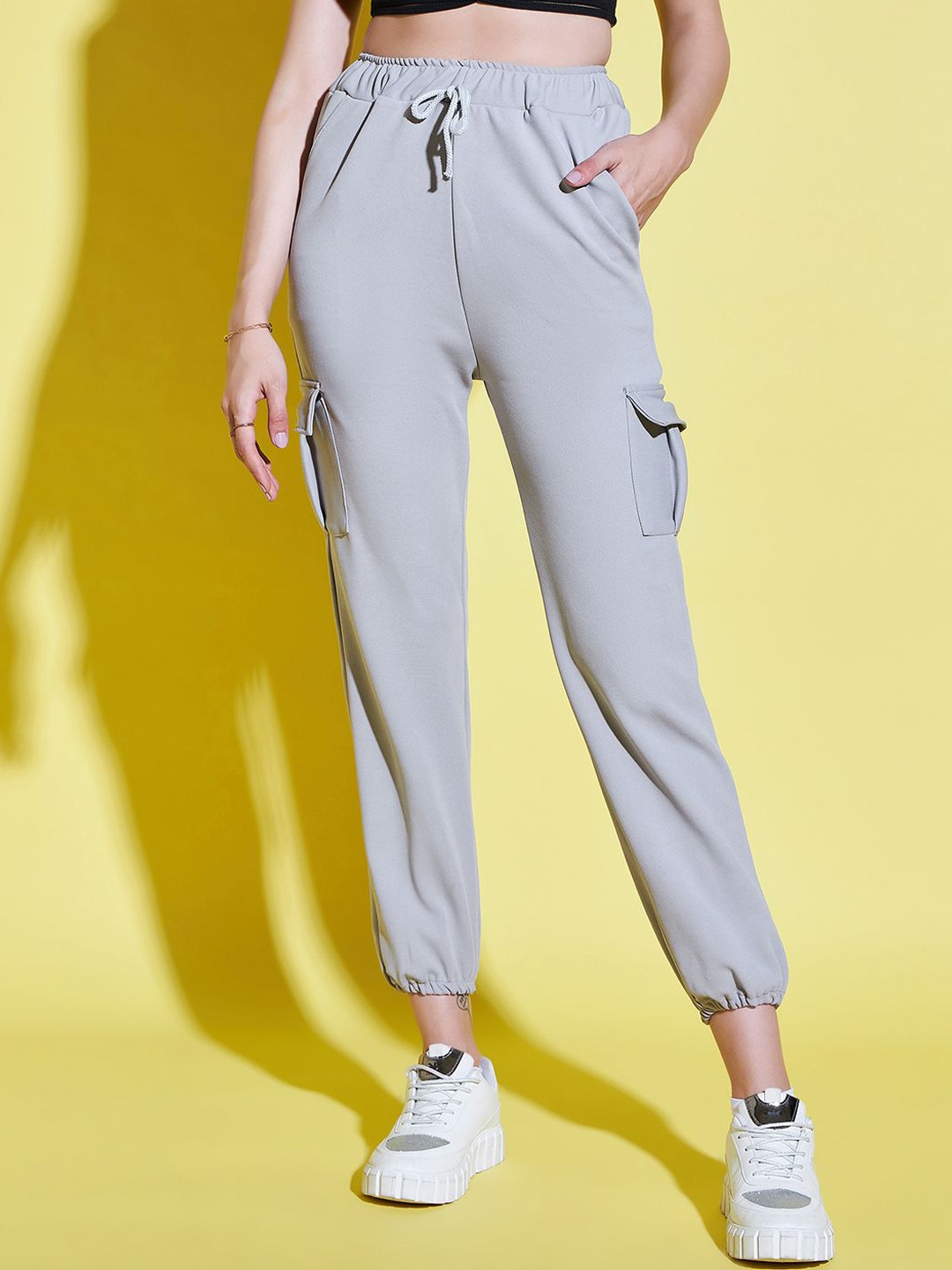 

BUY NEW TREND Women Relaxed High-Rise Flat-Front Cargo Style Jogger Trousers, Grey