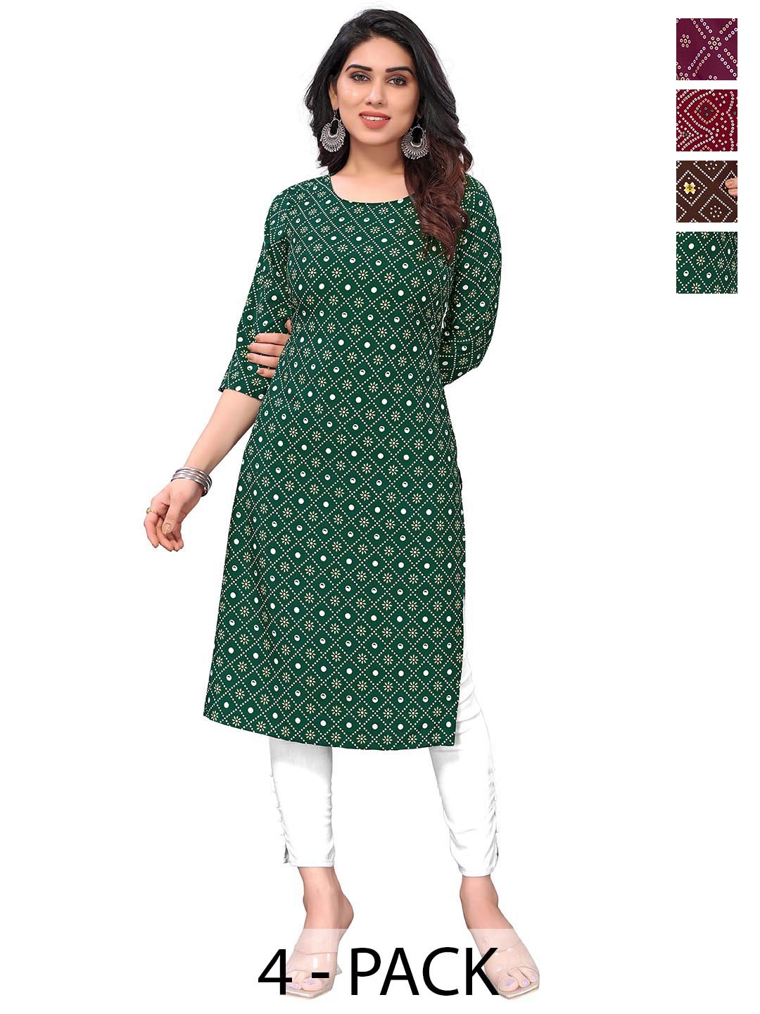 

KETAKI FASHION Selection Of 4 Floral Printed Round Neck Straight Kurtas, Green