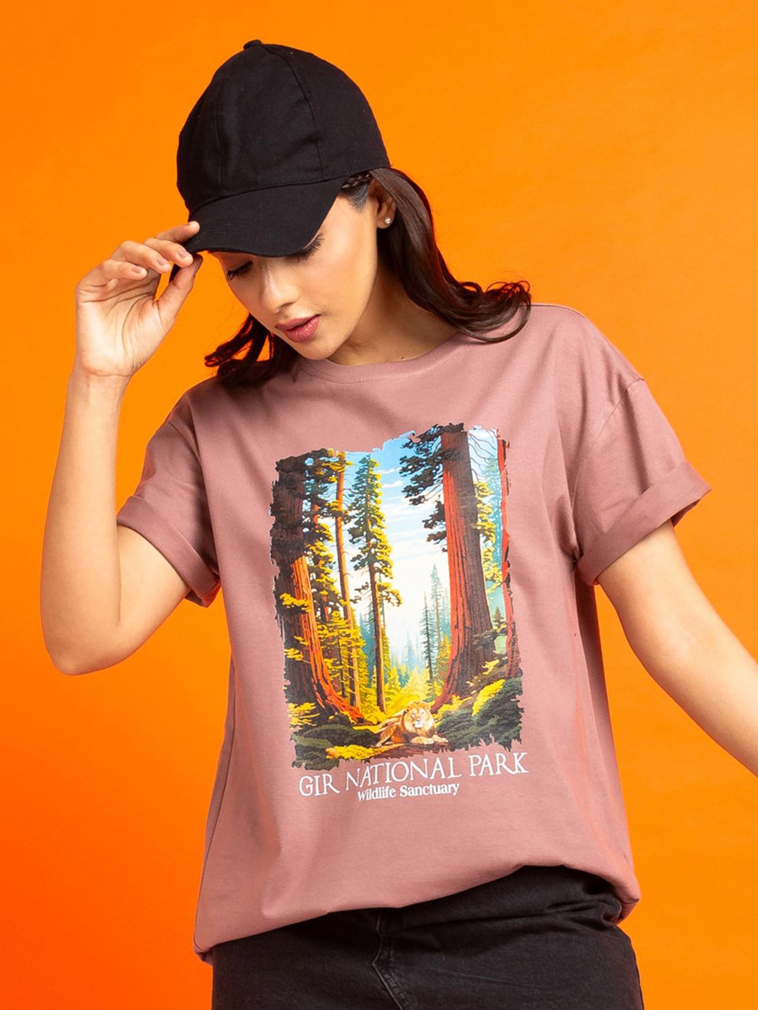 

The Roadster Lifestyle Co. Women Graphic Printed Round Neck Cotton Oversized T-shirt, Mauve