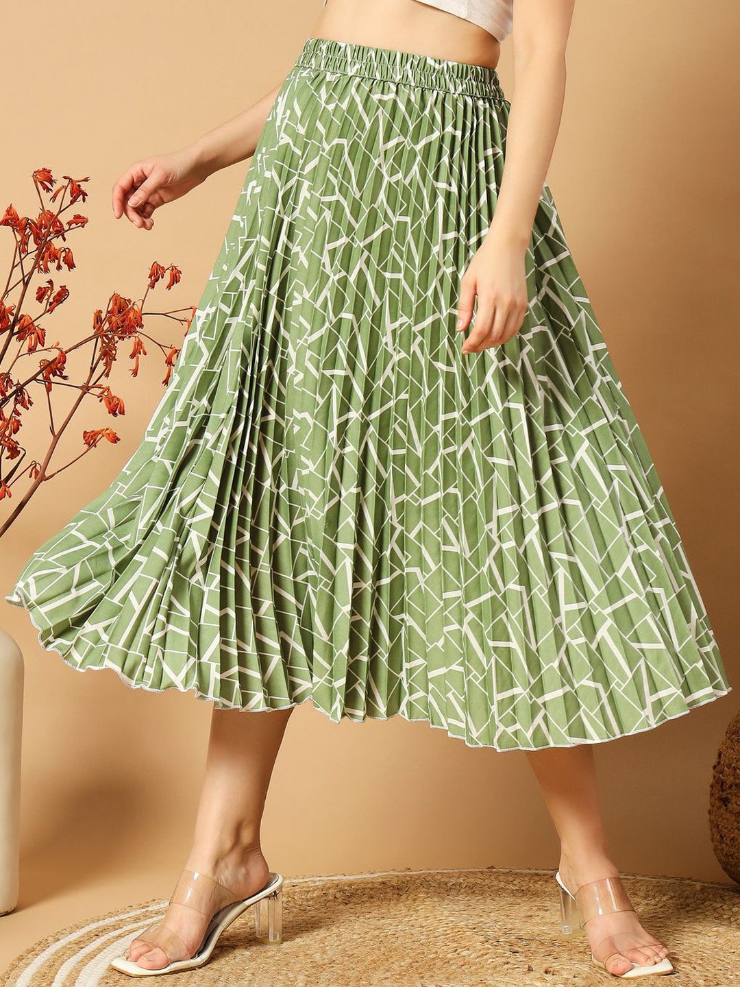 

ZWERLON A-Line Printed Midi Skirt, Green