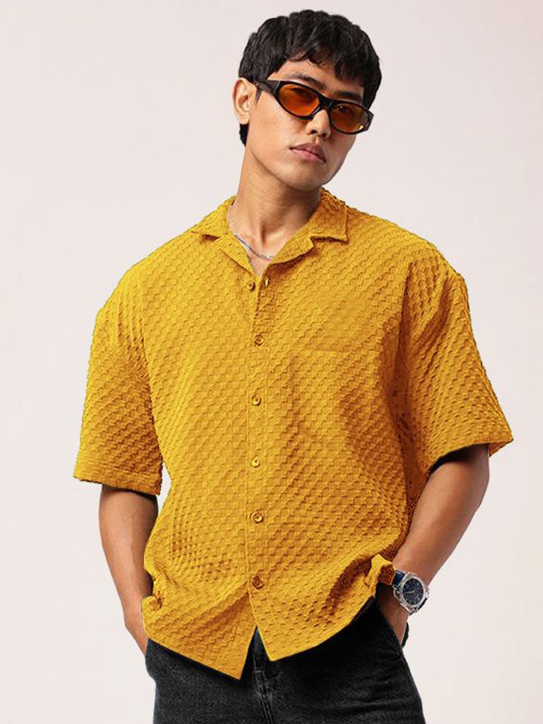

Moda Rapido Men Standard Relaxed Fit Cuban Collar Textured Casual Shirt, Yellow